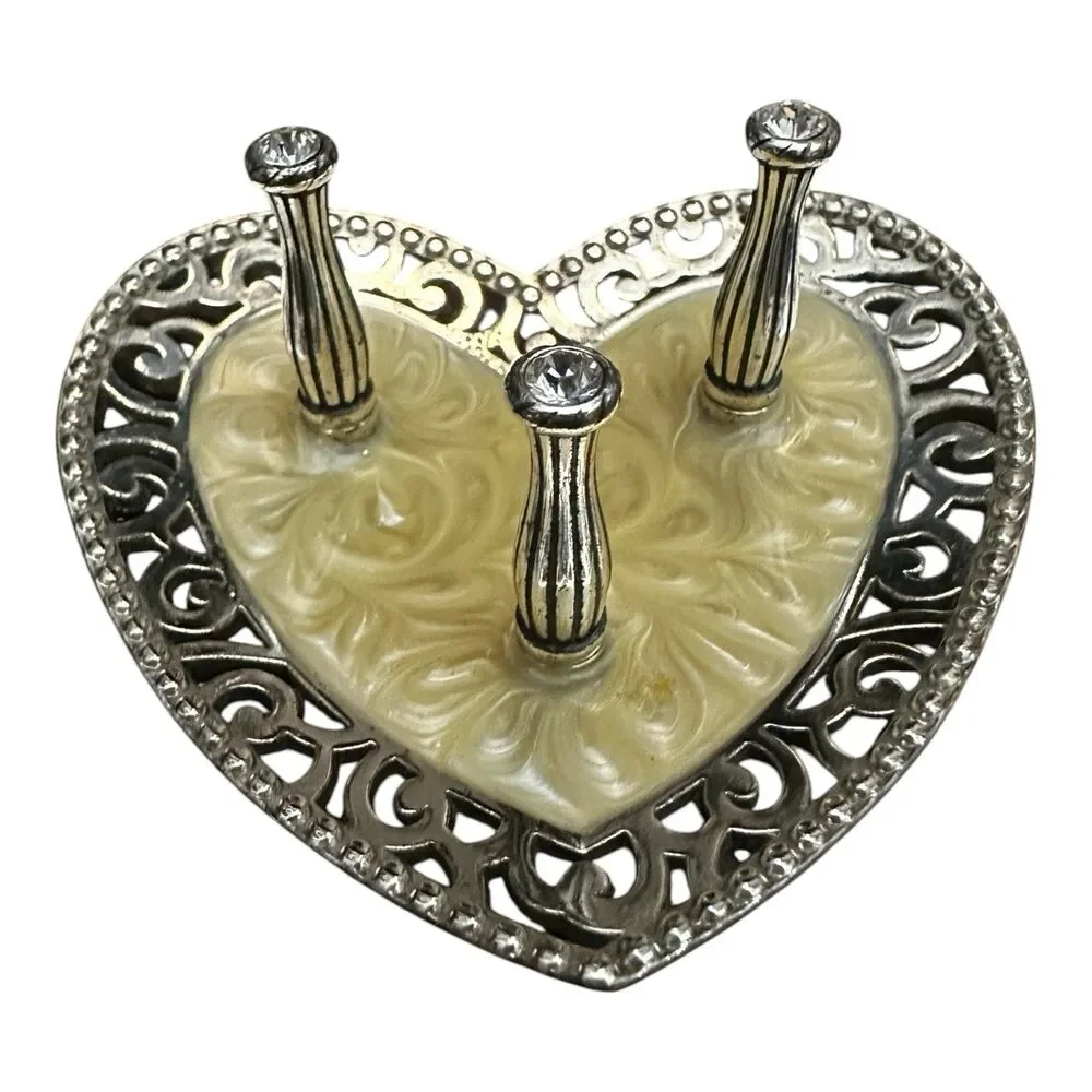 Brighton Lacie Daisy Heart Silver , Crystal & Enamel 3 Place Ring Holder